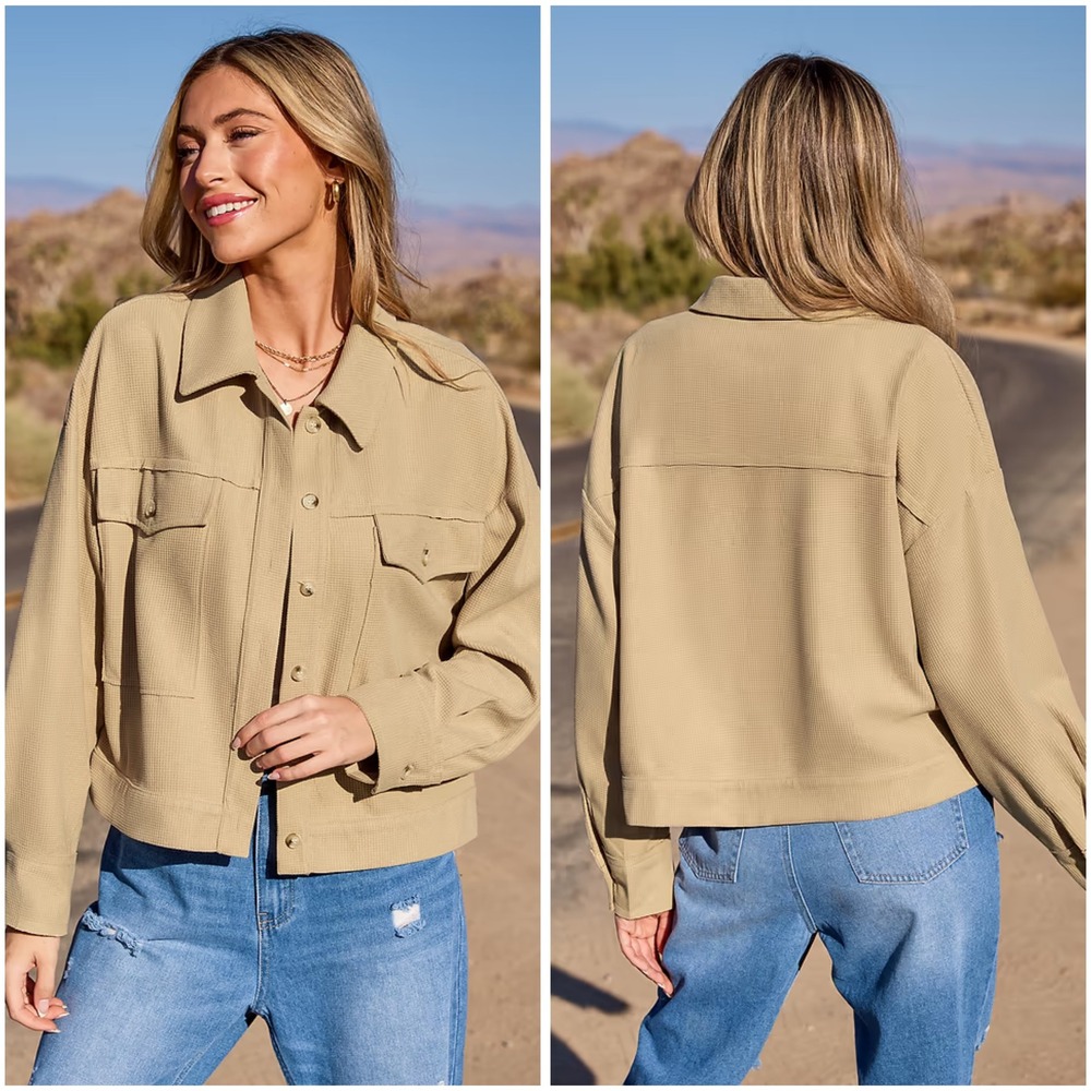 Cupshe‎ Woven Khaki Waffle Collared Button-Up Jacket Large NEW